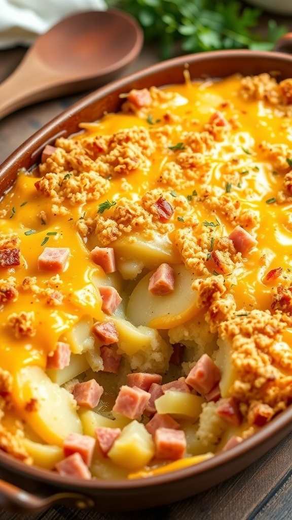 Cheesy Ham and Potato Casserole Recipe A golden brown cheesy ham and potato casserole in a baking dish, garnished with herbs.